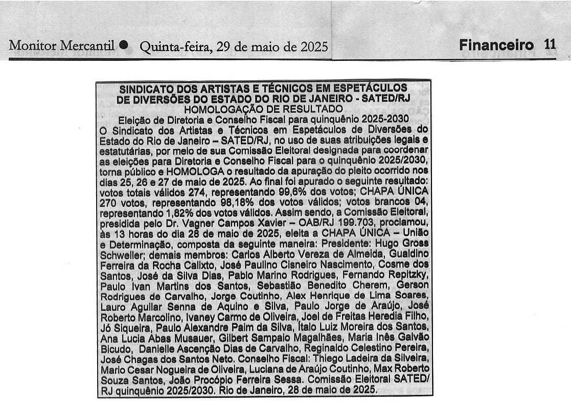 Edital Homologacao de Resultado - Eleicoes Sated RJ - 29-05-2025